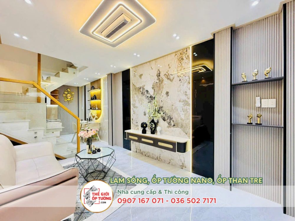 mẫu phối tấm ốp vách trang trí phòng khách đẹp bằng hình ảnh