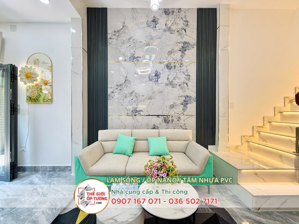 10 Cách Phối Lam Sóng và Tấm Ốp Vân Đá Decor Phòng Khách Hiện Đại