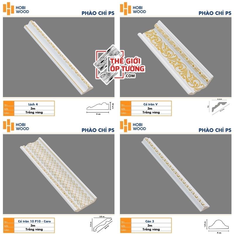 Phào chỉ PS trang trí tường trần HOBI Vietnam - trắng phối vàng Phào chỉ PS trang trí tường trần HOBI Vietnam - trắng phối vàng